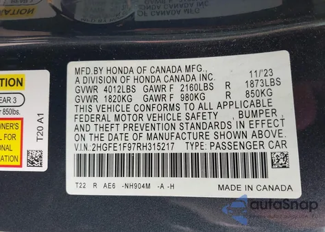 2024 Honda Civic Touring z USA, uszkodzony, nr VIN 2HGFE1F97RH315217